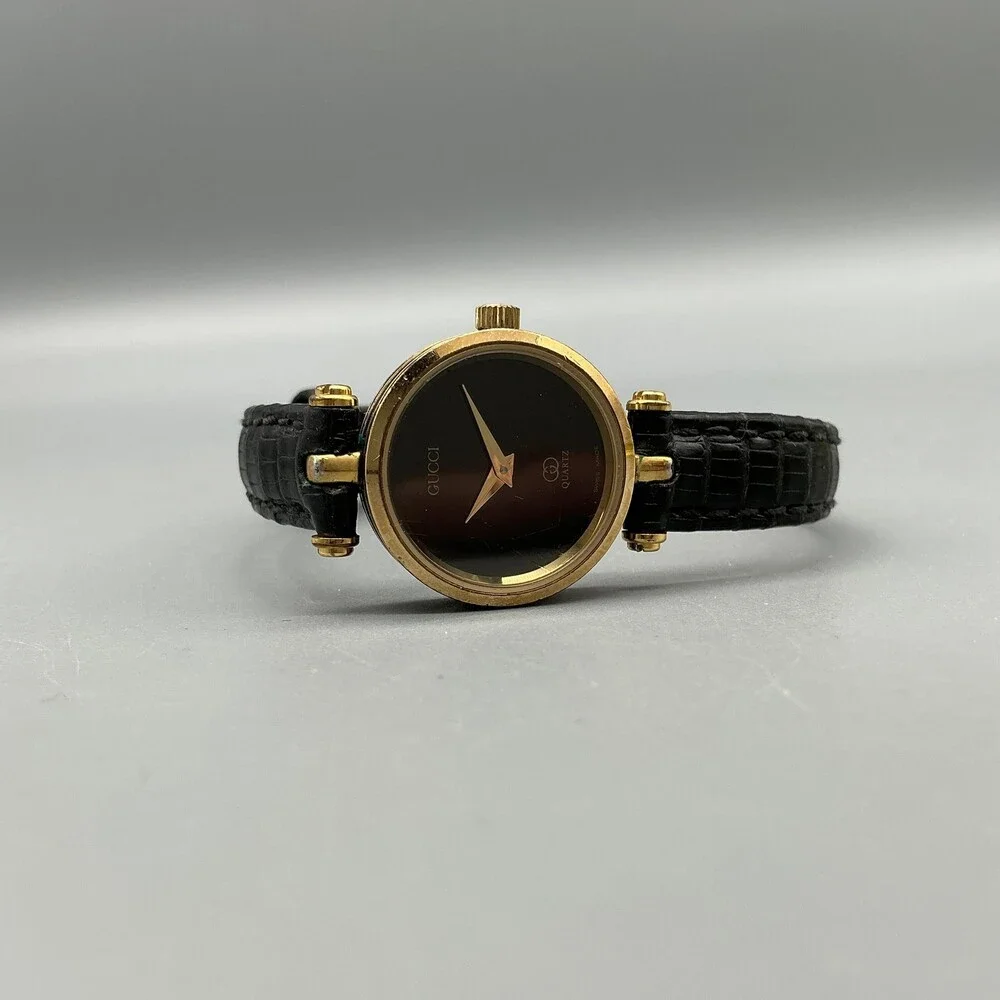 Vintage Gucci Womens Watch 22mm Black Dial Gold Tone Leather Swiss New Battery